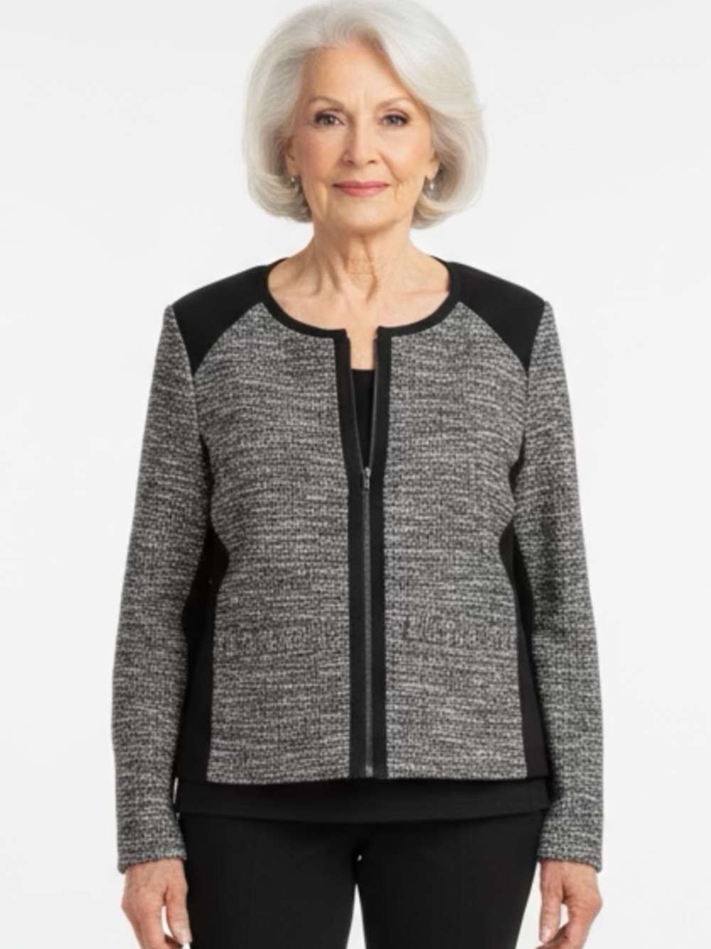 EILEEN FISHER Tweed black & white cropped moto style full zipper jacket Small